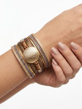 SAACHI Leather Rhinestone Multi Strand Bracelet